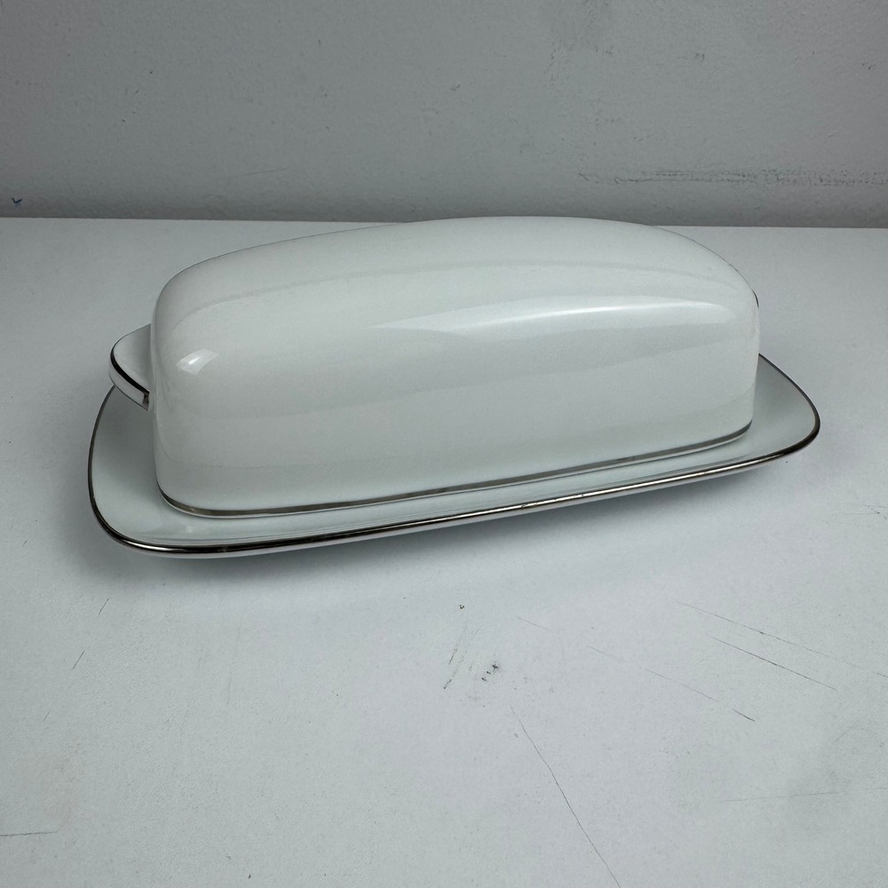 Vtg Noritake White Butter Dish Platinum Trim Japan Minimalist MCM